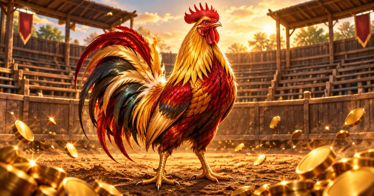 Gallo de pelea de plumaje dorado y rojo en el centro de un palenque de madera